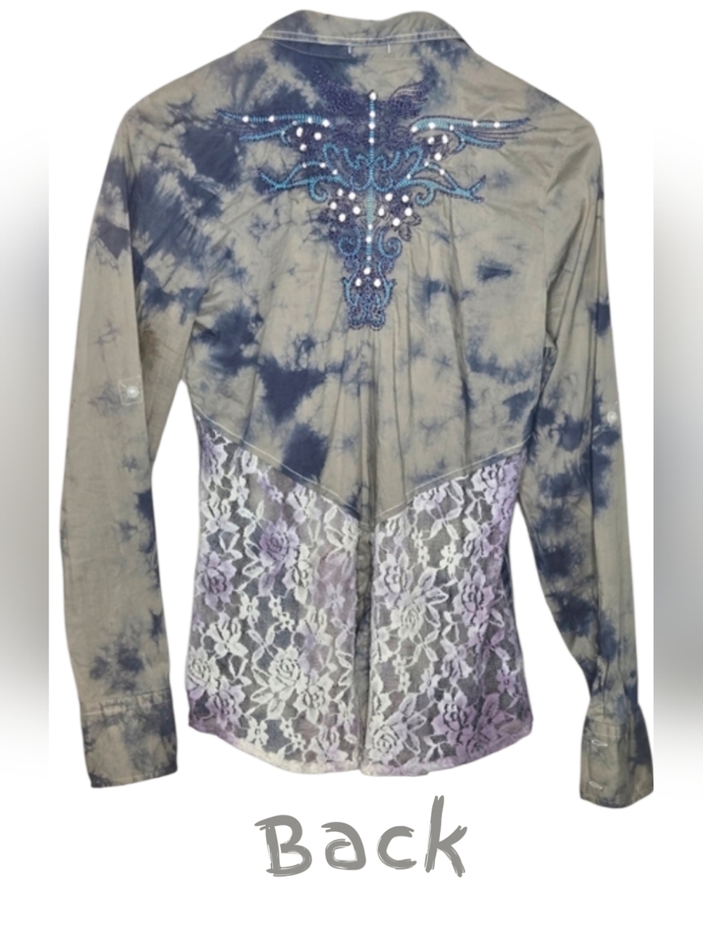 ROAR Tie-dye W Sheer Lace-Back Embroidery Shirt - Picture 2 of 7
